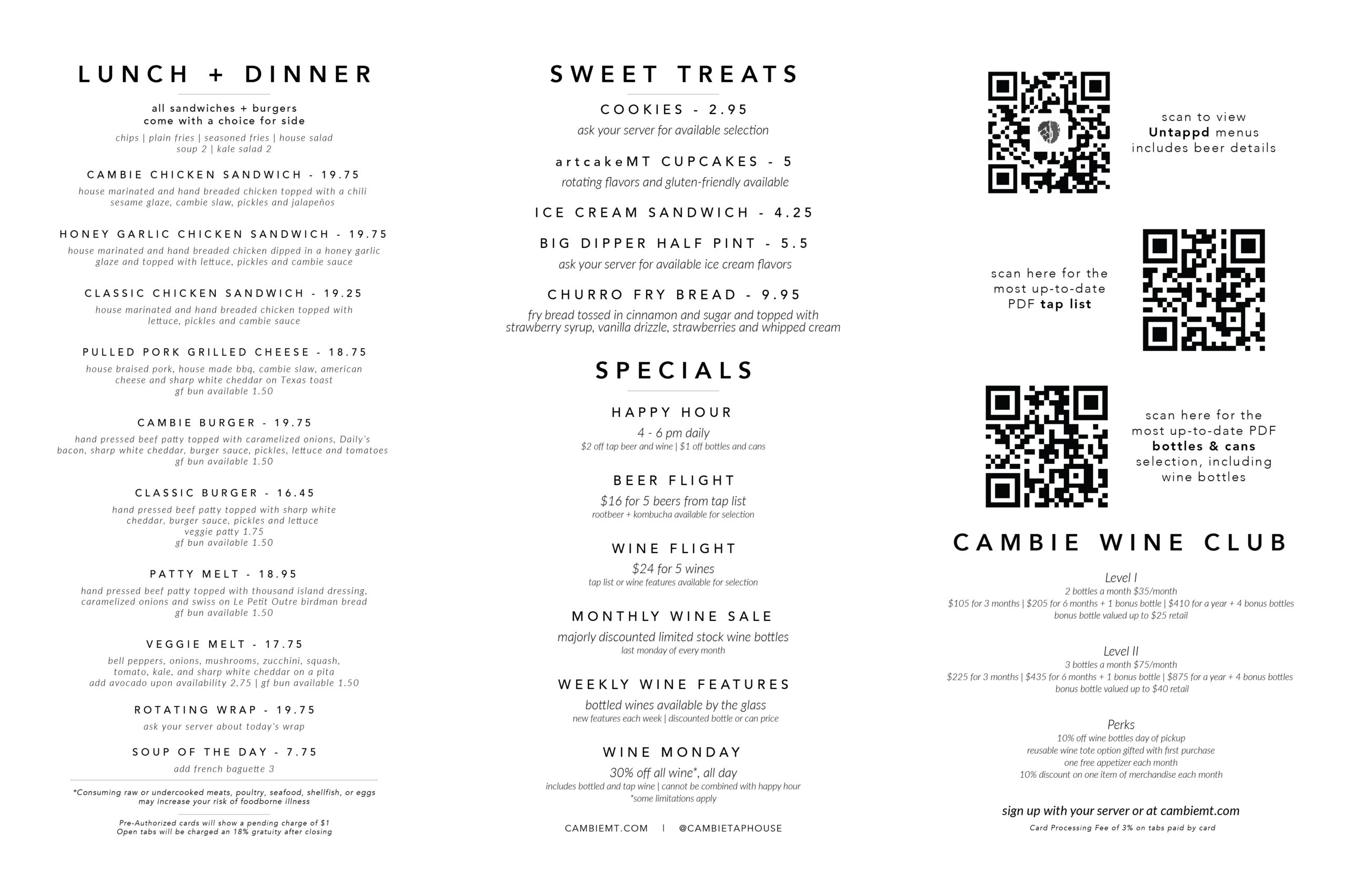 Cambie Lunch and Dinner menu Missoula Montana